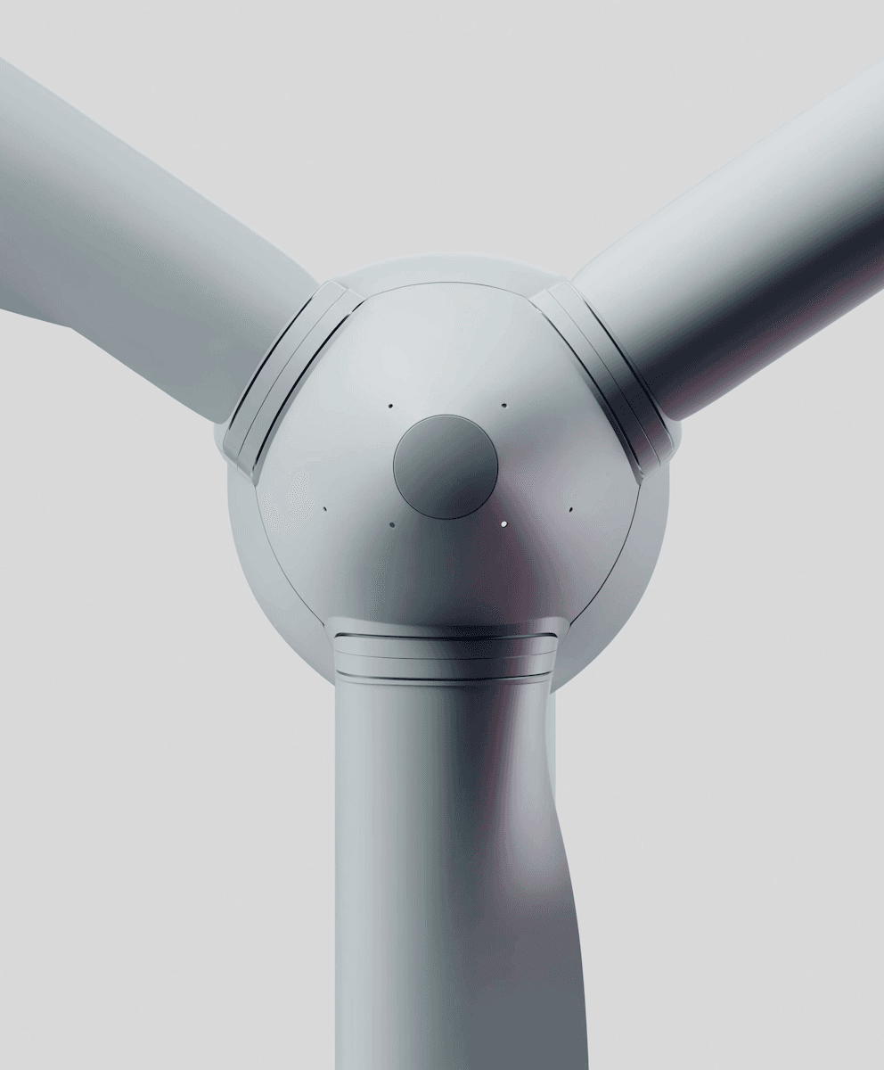 Close-up of a sleek, gray wind turbine rotor against a plain gray background. The blades converge harmoniously at the hub, conveying modern efficiency.