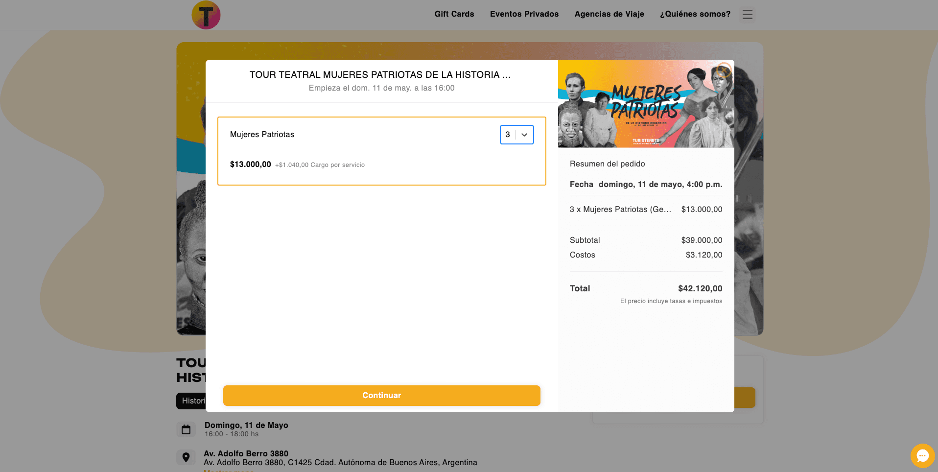 pagina de checkout de Tour teatral Mujeres Patriotas de la Historia Argentina