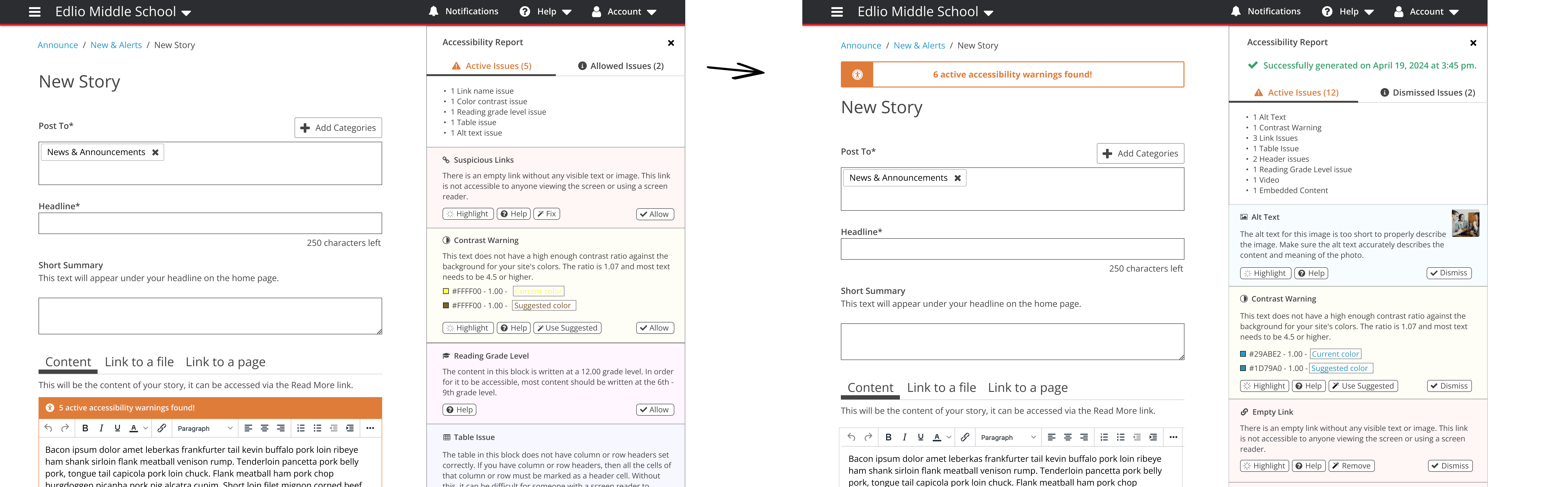 Two-step UI evolution of the “New Story” editor with an accessibility report panel. 