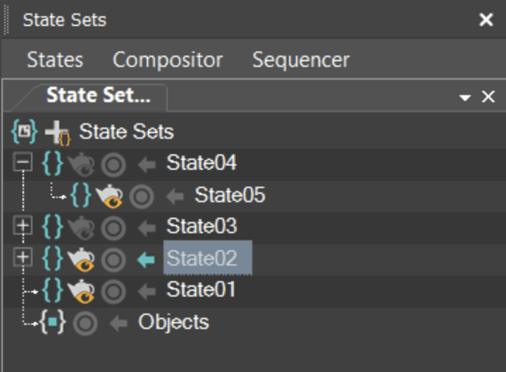 3ds Max State Sets panel displaying child states, nested states, and activation controls.