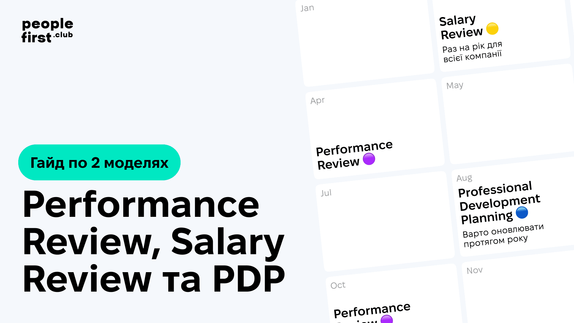 Обкладинка гайда про Performance Review, Salary Review та PDP зі схемами процесів
