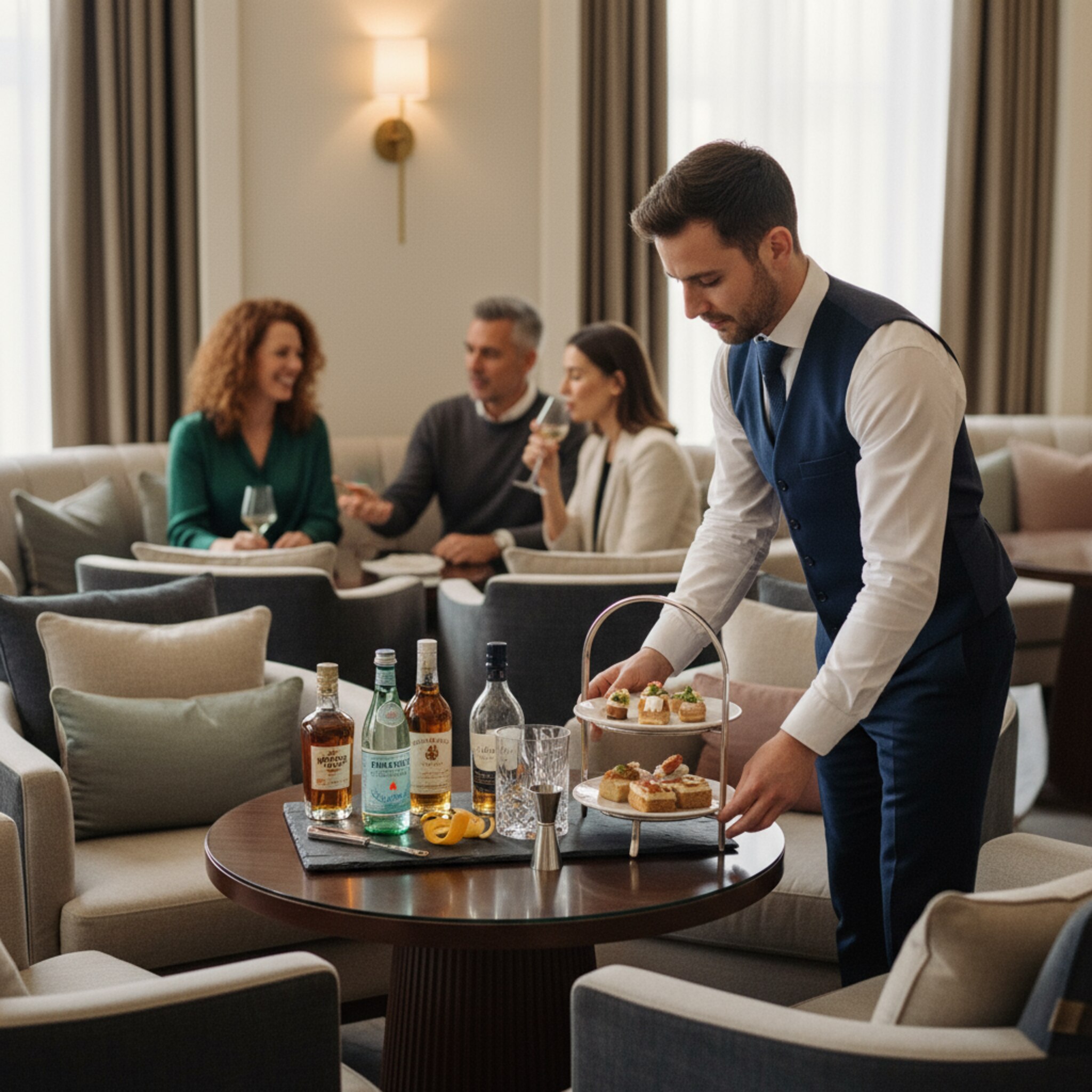 Eine intime Lounge-Ecke mit weichen Kissen, polierten Tischen und dezentem Licht. Auf einer Schiefertafel liegt eine stilvolle Auswahl an Flaschen und Mixern bereit. Ein Server stellt eine elegante Etagere ab, leises Stimmengewirr füllt den Raum. Die Atmosphäre ist entspannt, hochwertig und klar strukturiert.