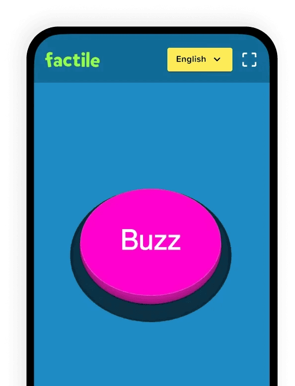 Factile virtual buzzer on a mobile phone, showing the pink Buzz button ready for players to join and buzz in.