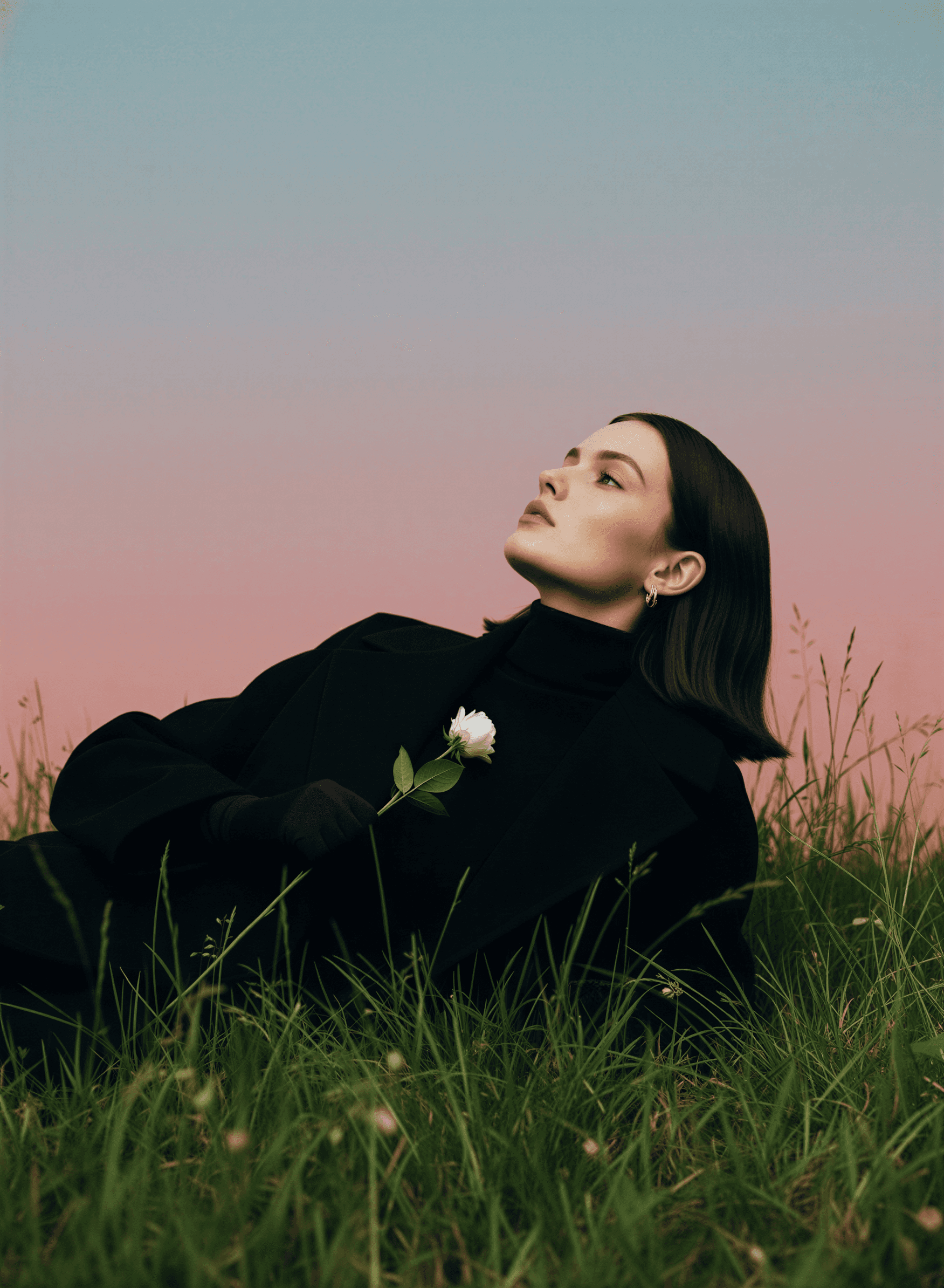 A woman lying in tall grass at dusk, holding a white rose