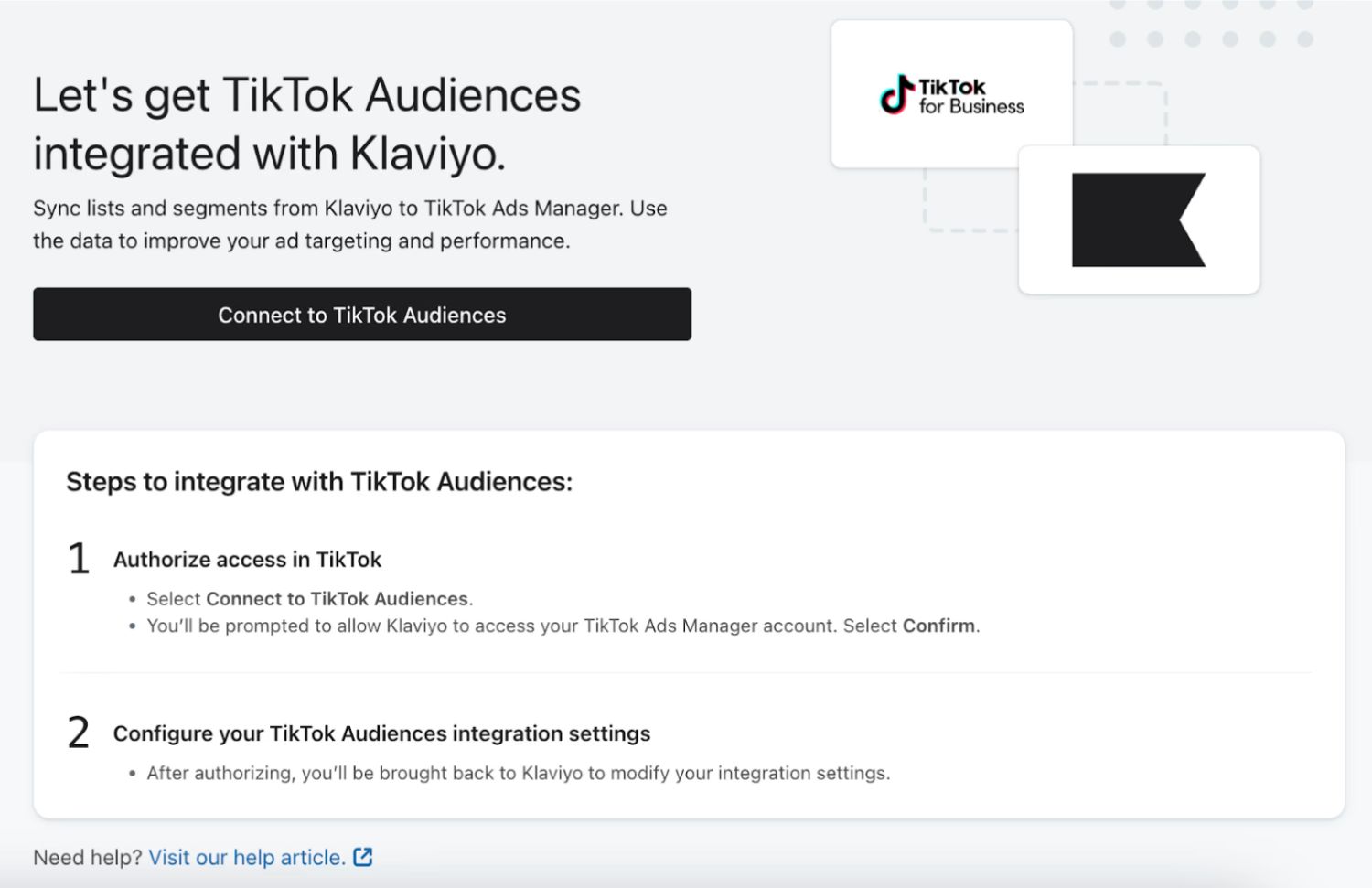 Connect to TikTok Audiences: A Klaviyo integration screen prompts users to sync TikTok audiences for ad targeting.