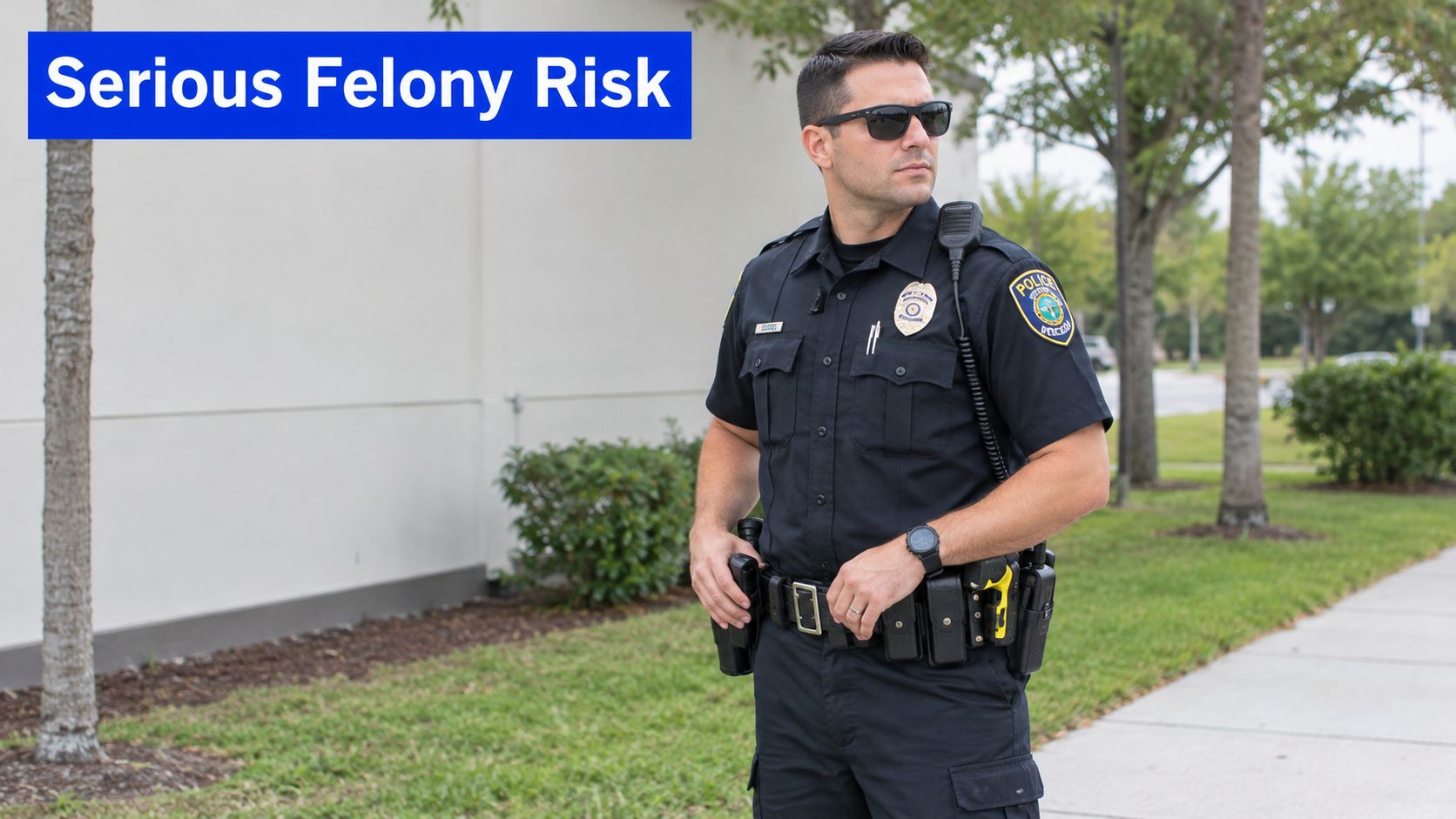 A police officer in uniform standing outdoors wearing sunglasses and a duty belt with equipment.