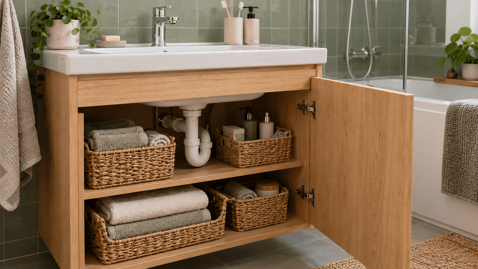 Meuble sous vasque en bois ouvert, avec des paniers de serviettes et de toilette disposés autour d’un siphon accessible.