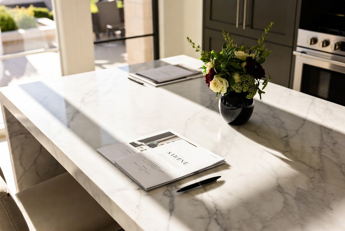 Marble kitchen island with flowers, magazine, and pen in natural light