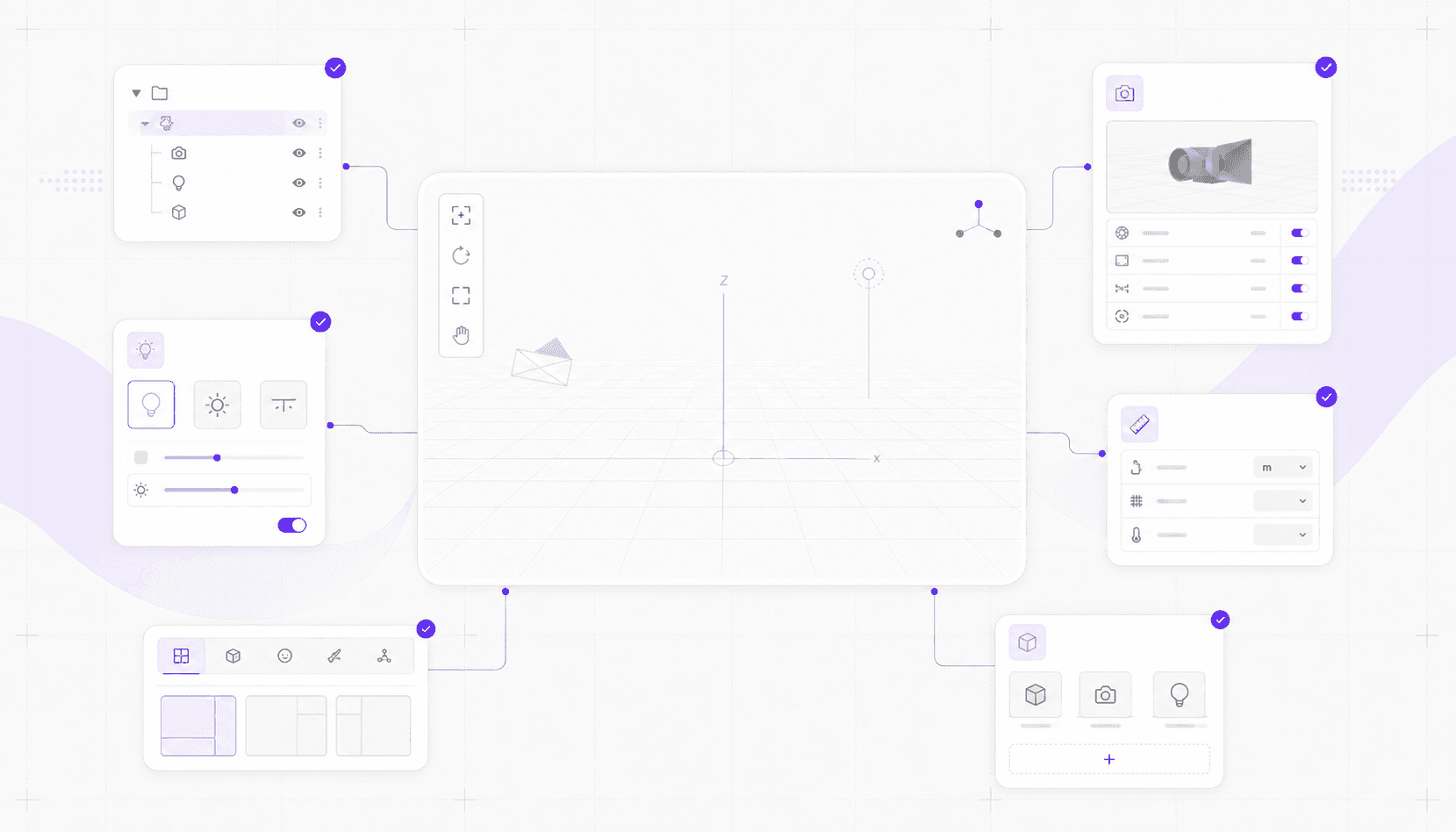 Clean Blender workspace setup with a large blank 3D viewport, scene hierarchy, camera, lighting, units, and workspace panels arranged around it.