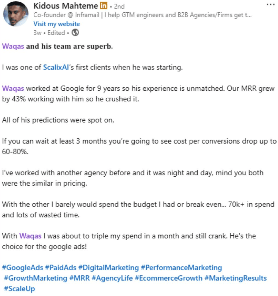 SaaS paid ads ROI testimonial