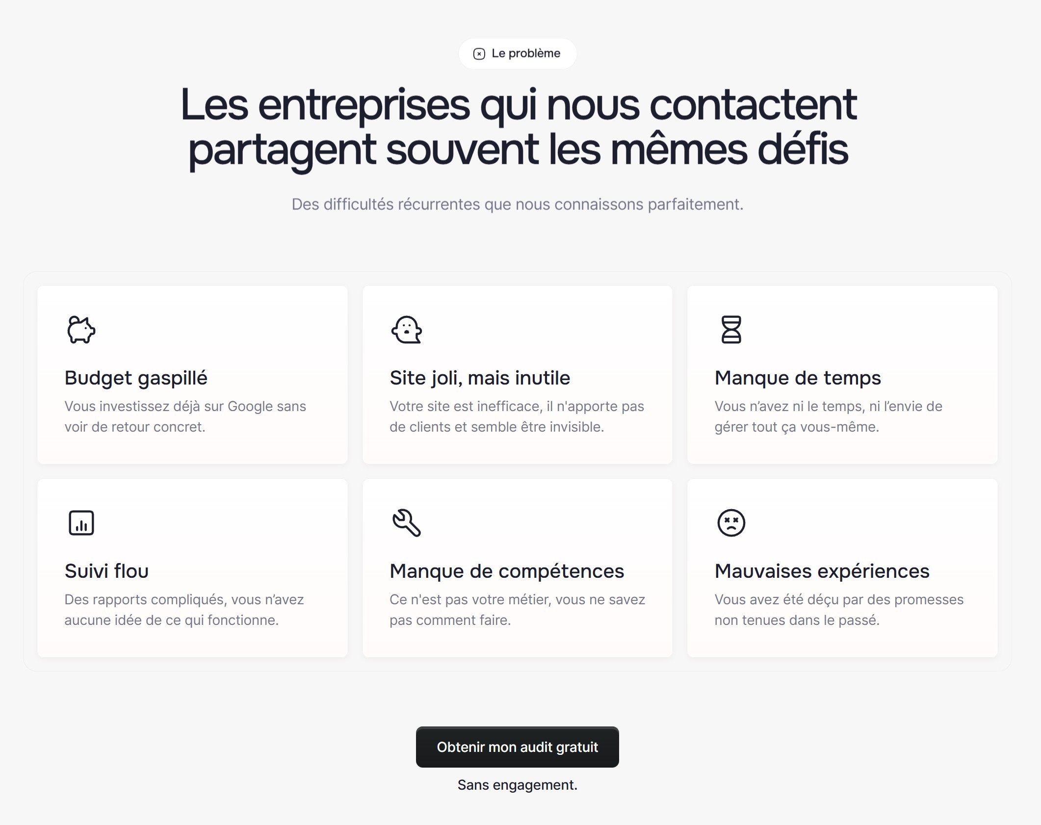 section problème landing page leaddy