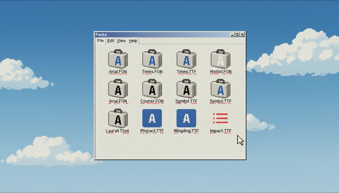 Screenshot of a vintage Windows operating system GUI, clean light mode, pixel art aesthetic. The layout features a grid of low-resolution font file icons neatly arranged on a classic blue sky and clouds desktop wallpaper. The icons are isometric and feature two distinct designs: a light grey briefcase with a stylized letter 'A', and a square icon with a blue capital 'A' over red horizontal lines. Each icon is accompanied by abstracted pixelated text labels below. The overall style is reminiscent of a 90s or early 2000s computer screen.