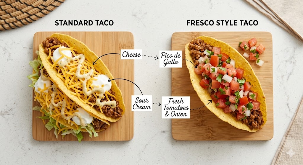 A side-by-side overhead comparison of two Taco Bell soft tacos on wooden cutting boards. On the left, a standard taco is shown with arrows indicating its heavy toppings of shredded cheddar cheese and sour cream. On the right, the Fresco Style taco shows those dairy toppings replaced with fresh, vibrant pico de gallo, made from fresh diced tomatoes and onion. Text labels with arrows explicitly show the ingredient swap.