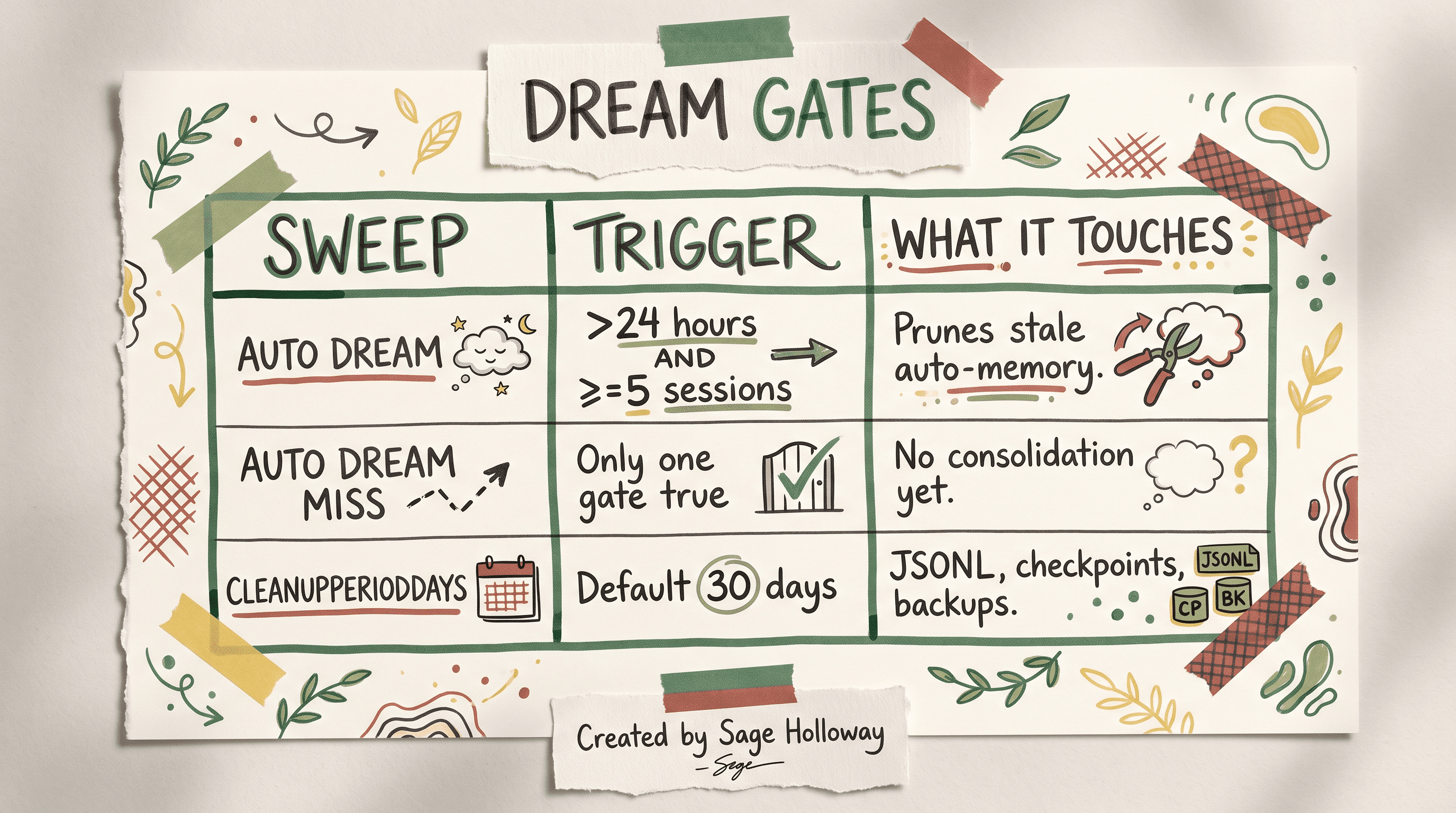 Table of Claude Code Auto Dream gates (24 hours AND 5 sessions) beside cleanupPeriodDays 30-day session file retention