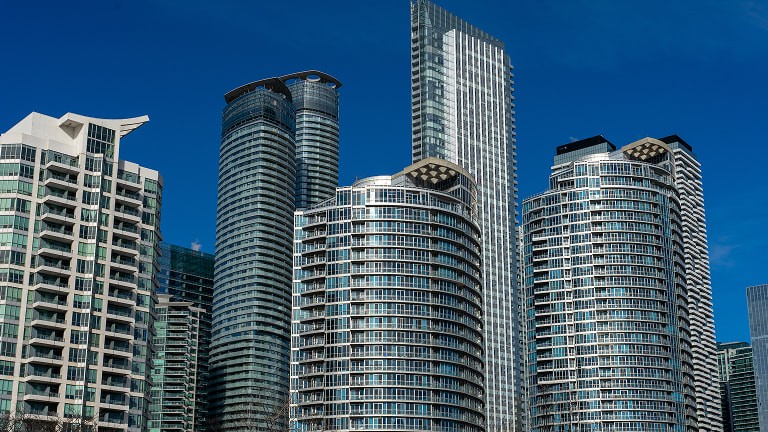 Mixed-use urban development building, street-level exterior