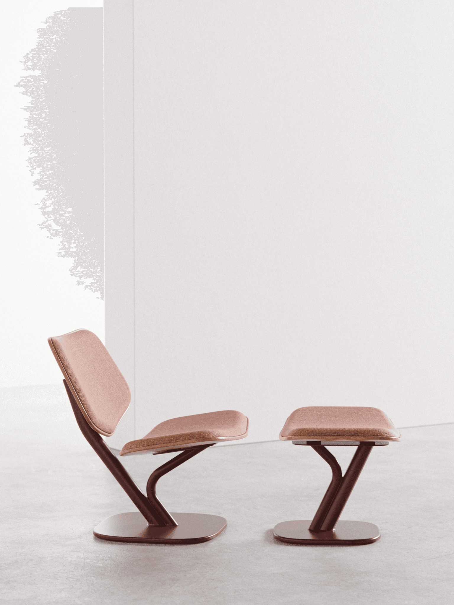 Till Lounge Chair with ottoman side view, red woven upholstery on bent plywood shell with red metal base