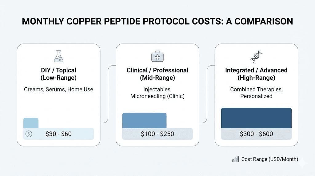 Copper peptide monthly cost comparison by type and application method