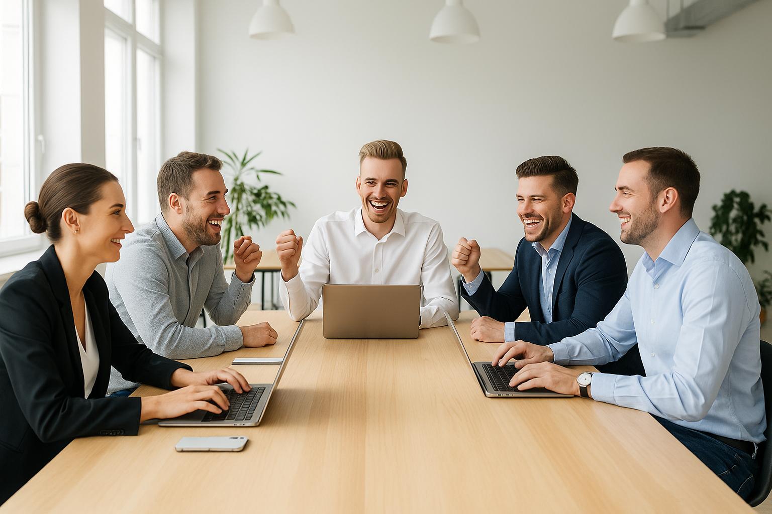 Three people sit at a wooden table with laptops and notebooks, smiling and engaging in conversation in a modern, casual workspace with plants and a concrete wall.