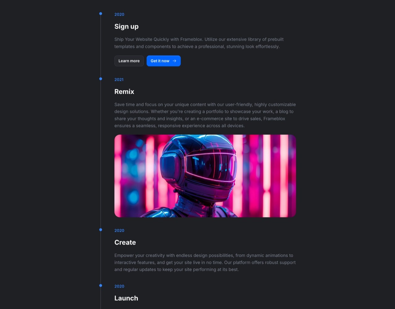 Framer Dark Timeline Section - Frameblox UI