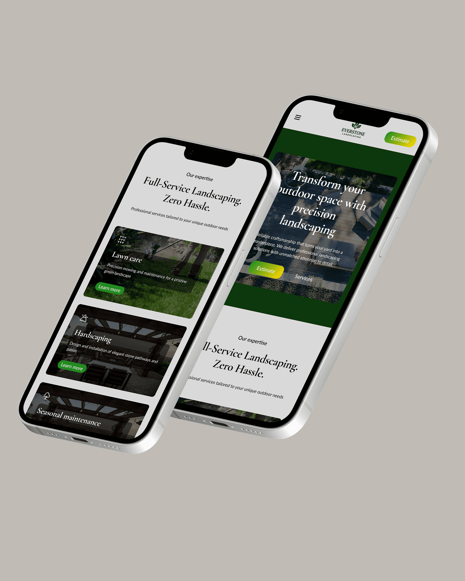 Two smartphones displaying landscaping website, showcasing services and outdoor space transformation.
