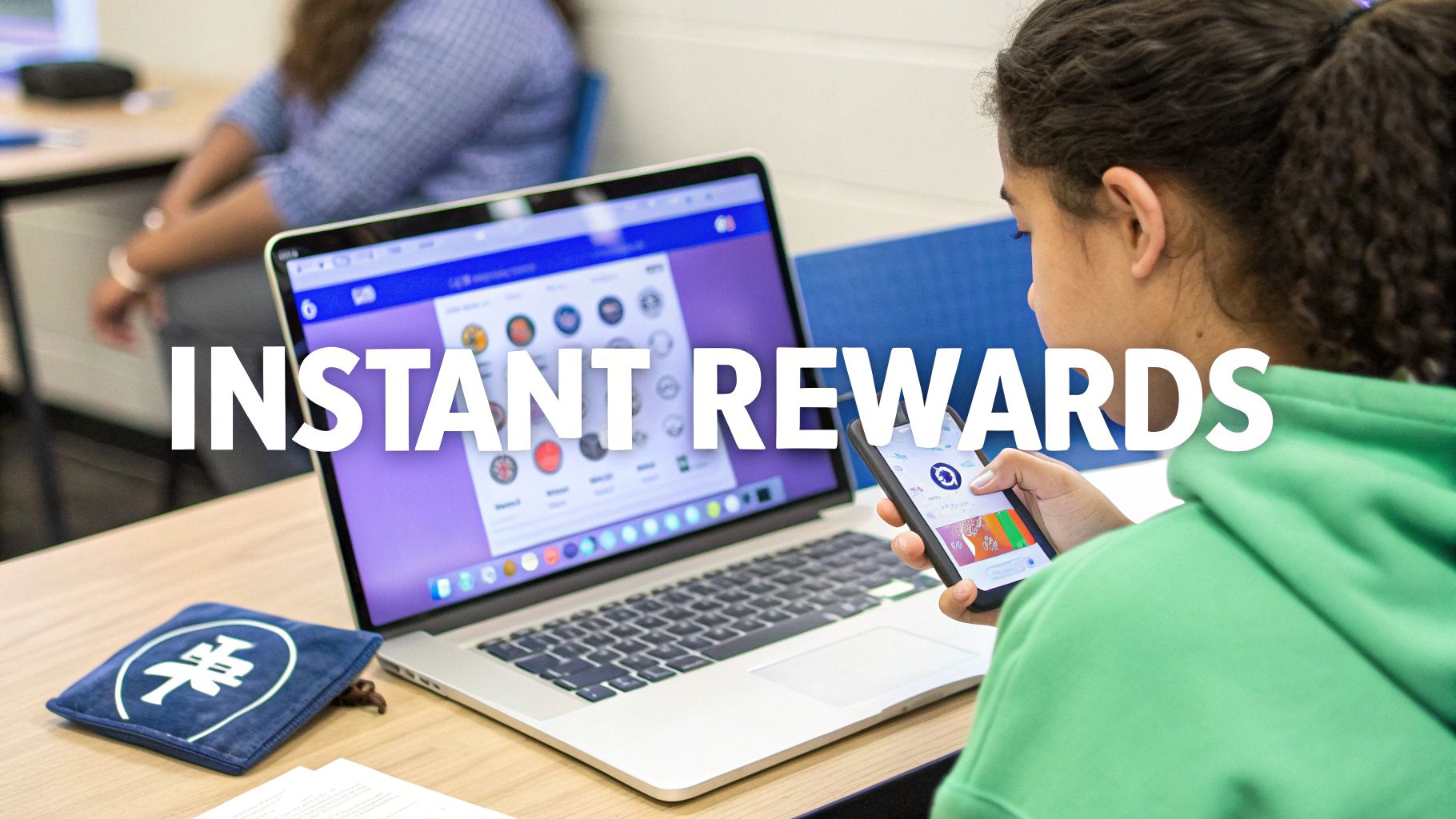 A student looking at a smartphone next to a laptop on a desk, with 'INSTANT REWARDS' text overlay.