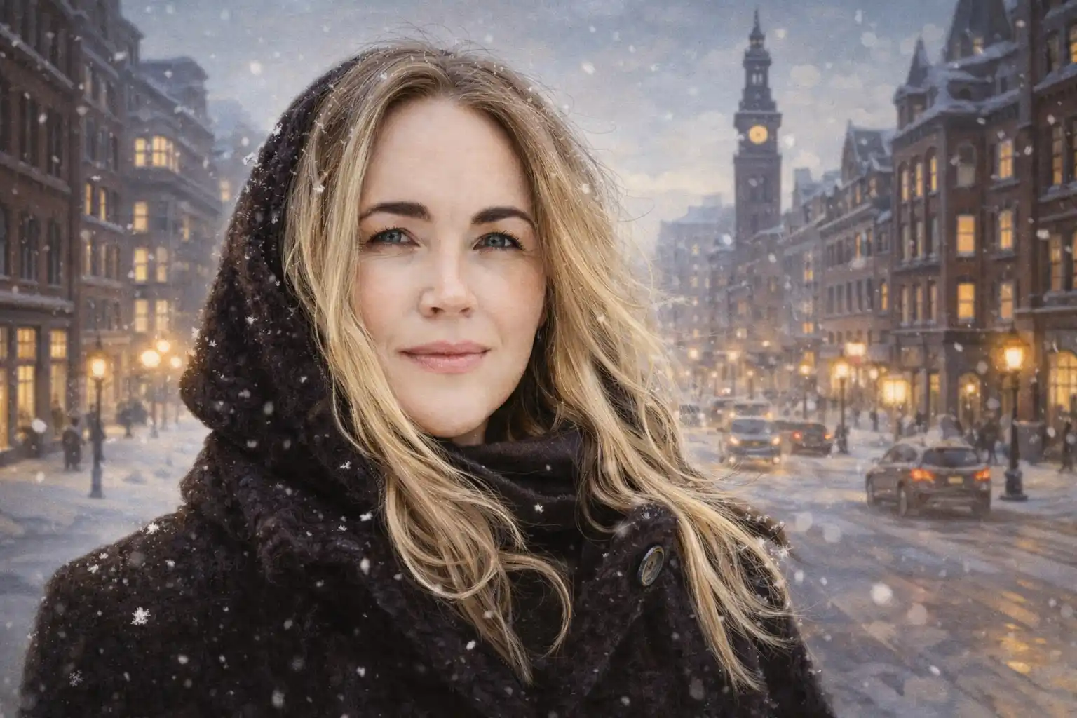 Portrett av en kvinne med lys blondt hår i en snødekt europeisk bygate.