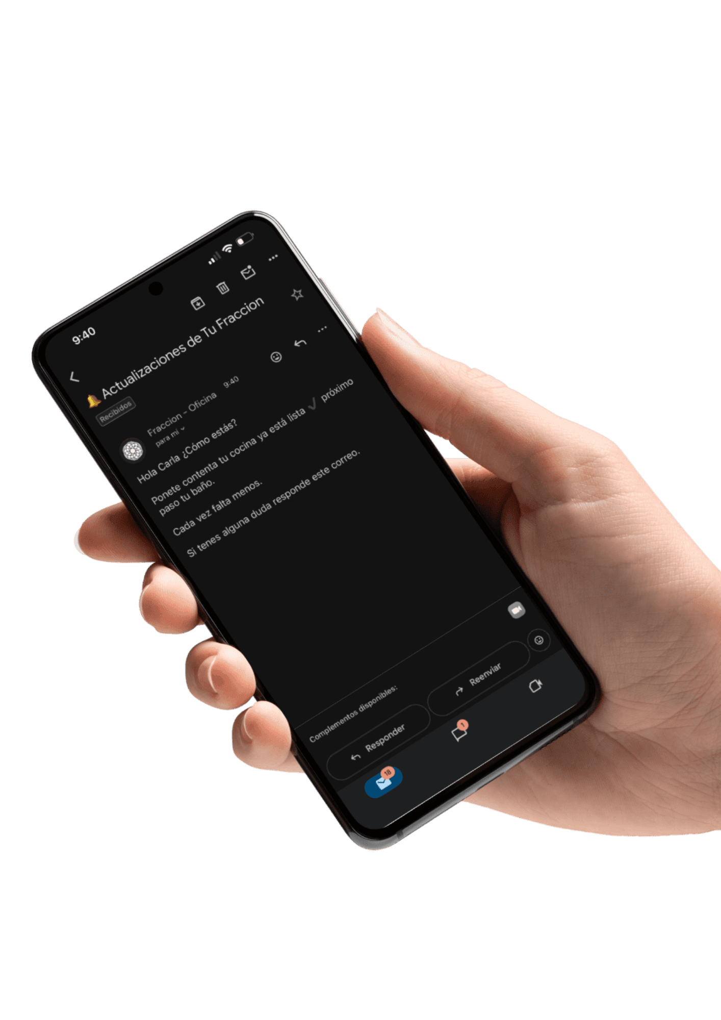 Hand holding a smartphone with a blank screen against a dark background.