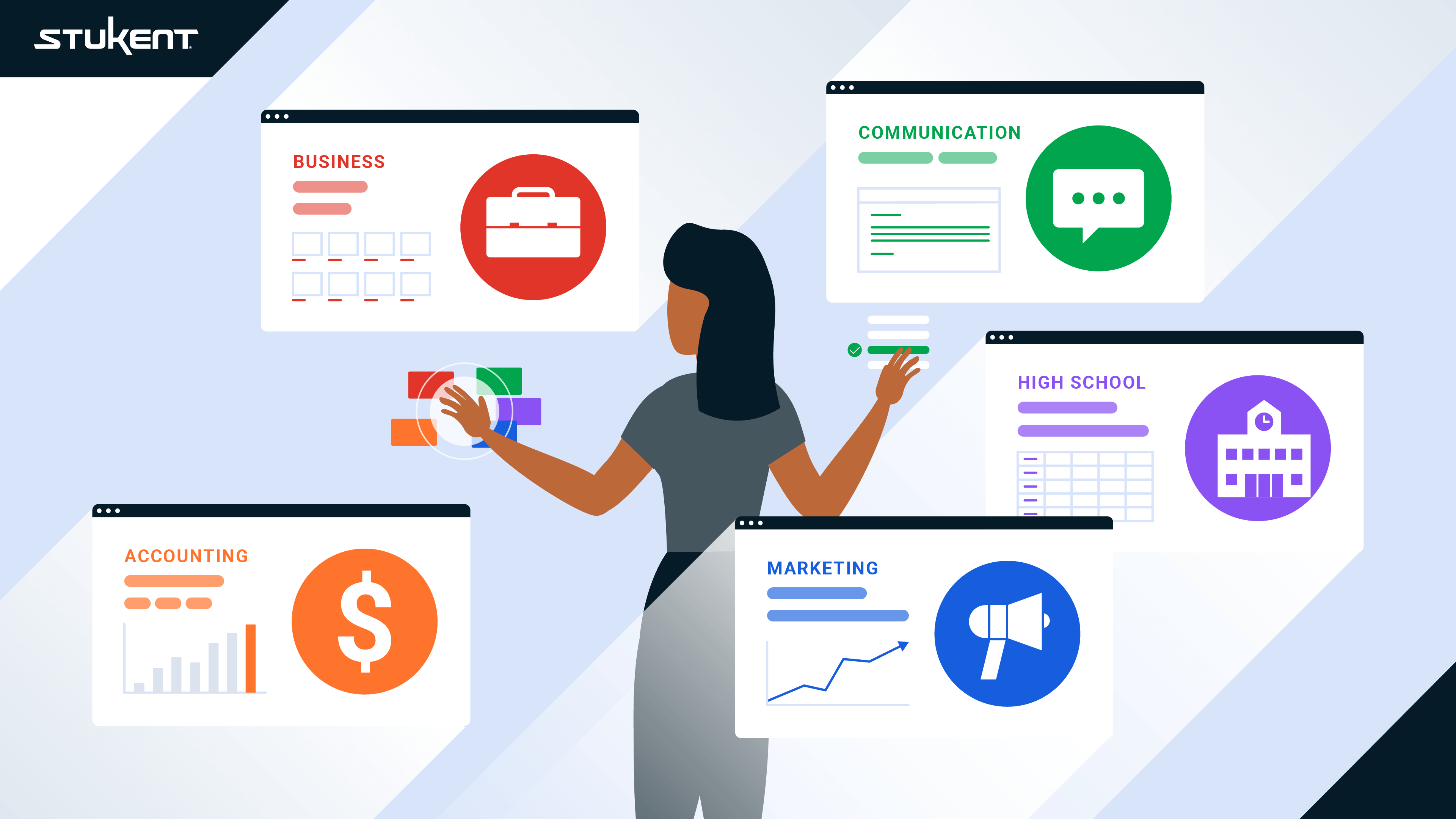 Annimated woman working on several different screens