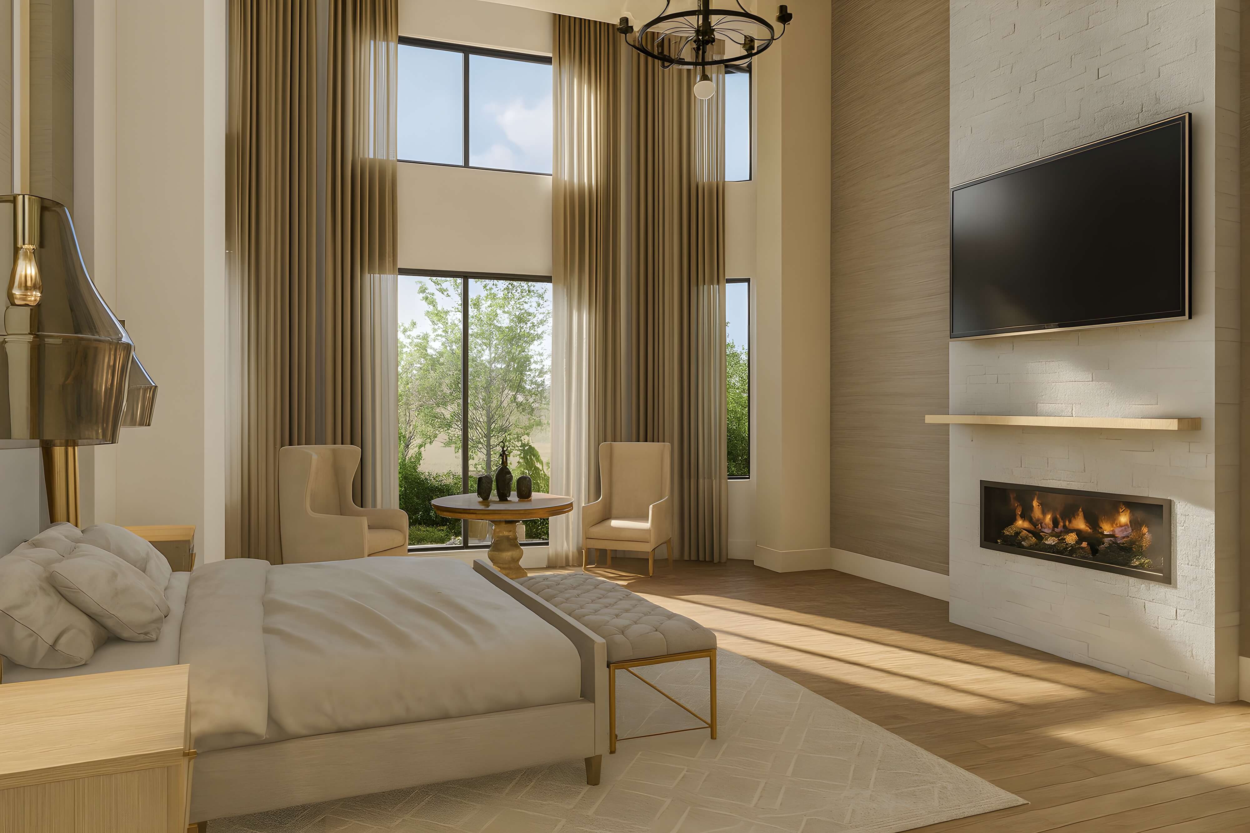 Spacious bedroom with high ceilings, tall windows, upholstered bed, sitting area, and modern fireplace with mounted TV.