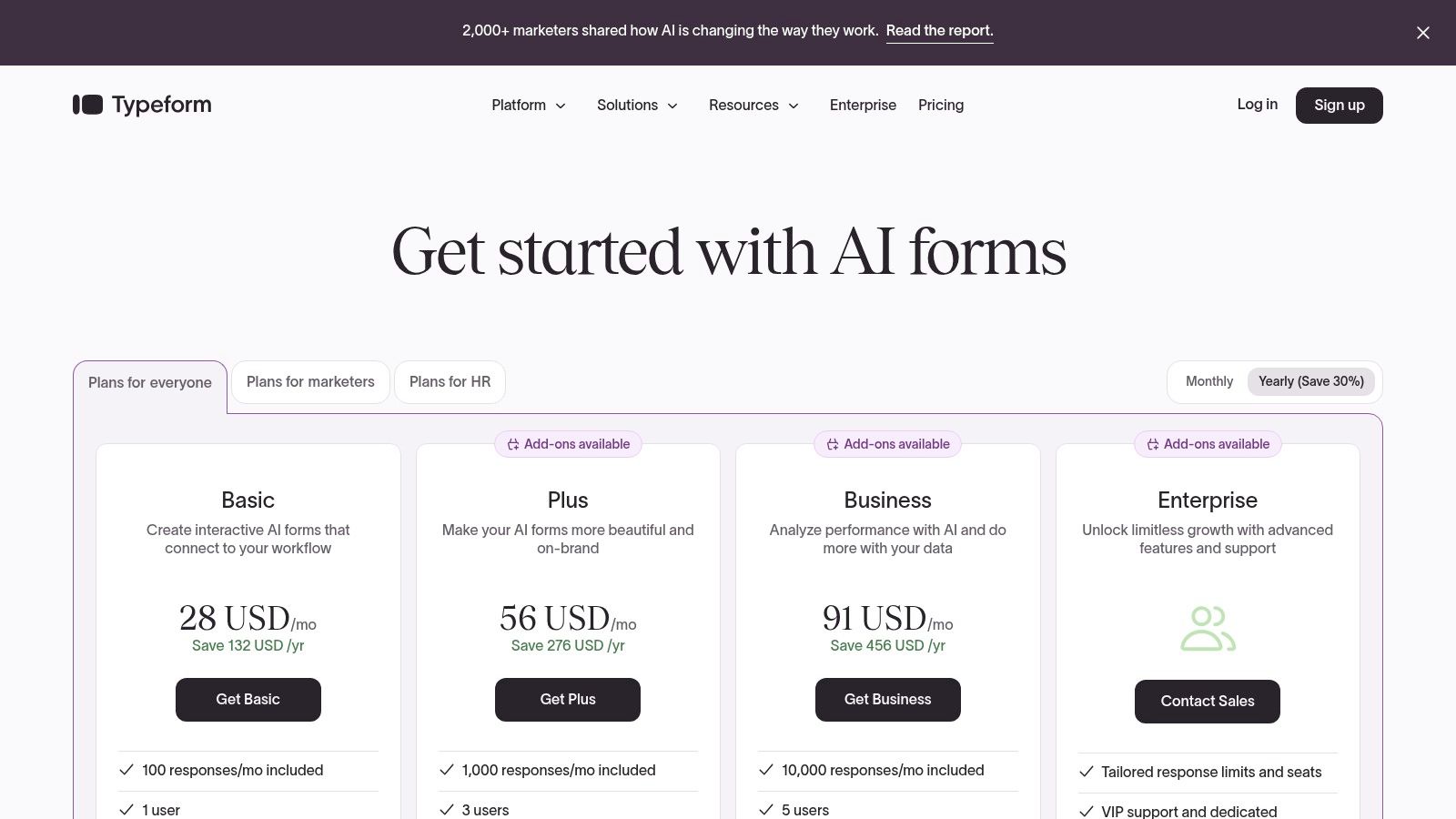 Typeform pricing plans showing Basic, Plus, and Business tiers