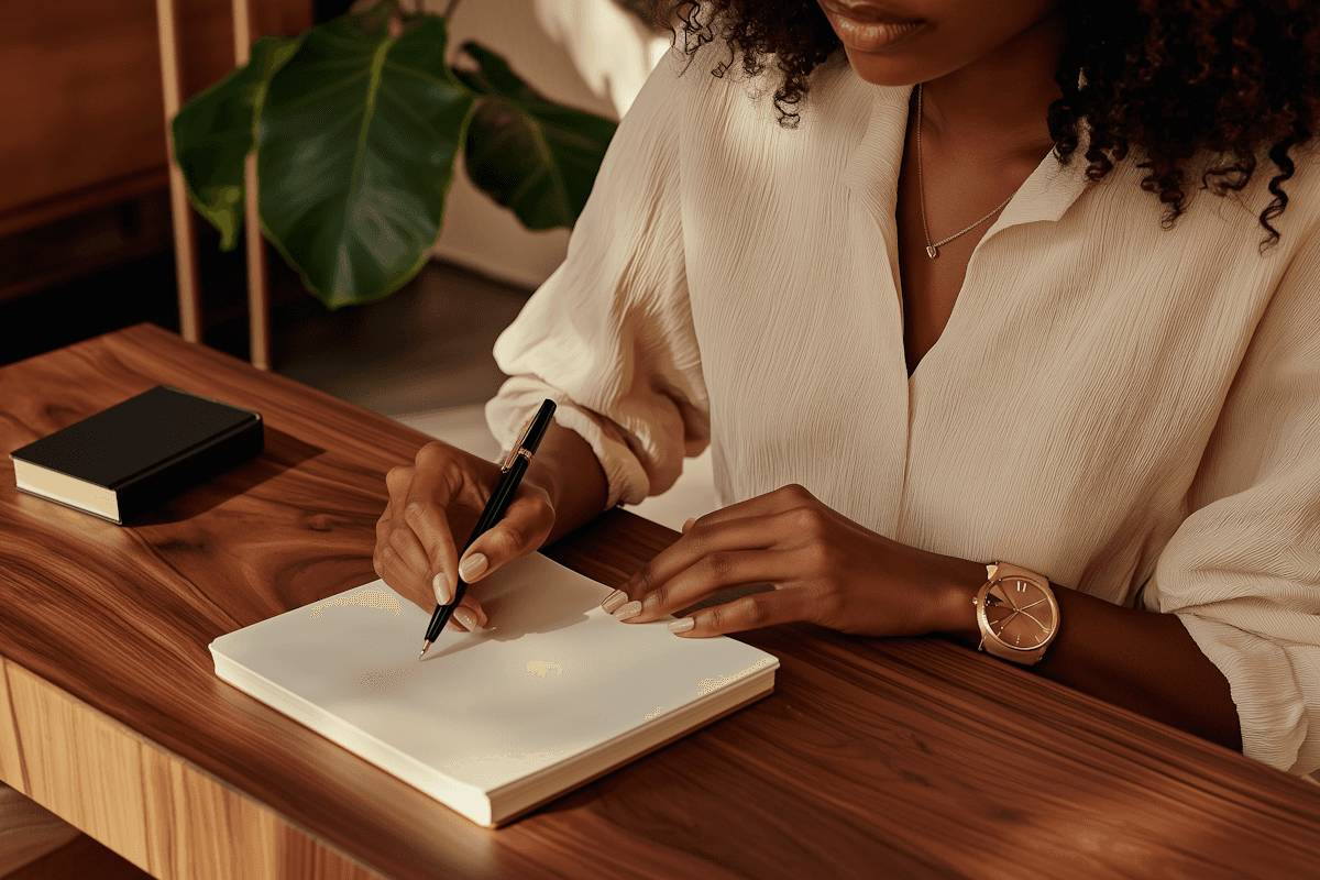 Close-up of a woman writing in a notebook at a desk, representing thoughtful feedback or journaling