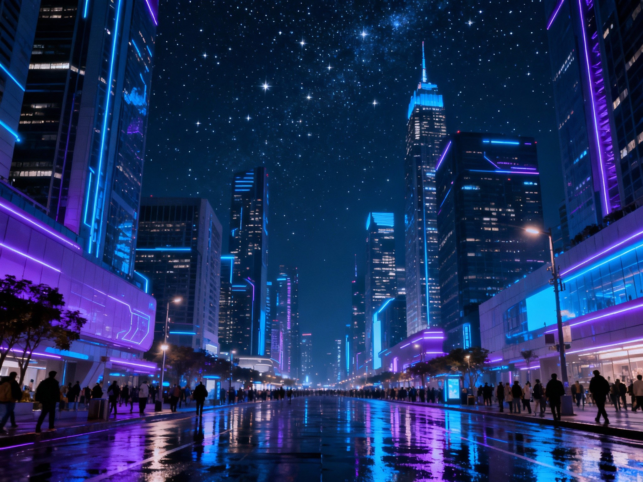 An expansive wide-angle scene of a futuristic cityscape at night under a starry sky, illuminated by