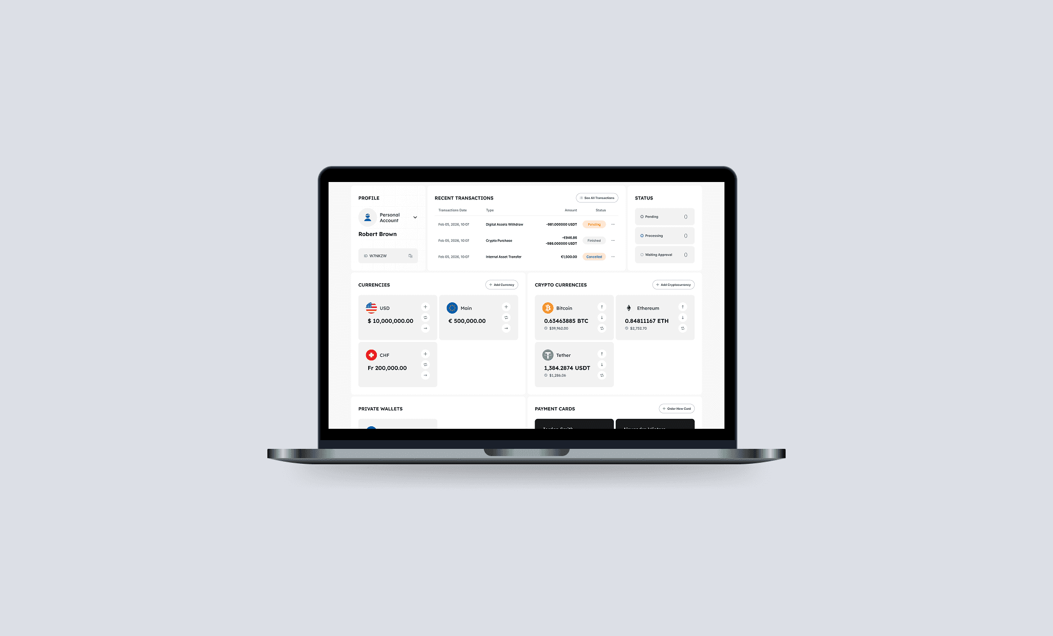 Desktop dashboard with sidebar + profile area + transactions table + filters.