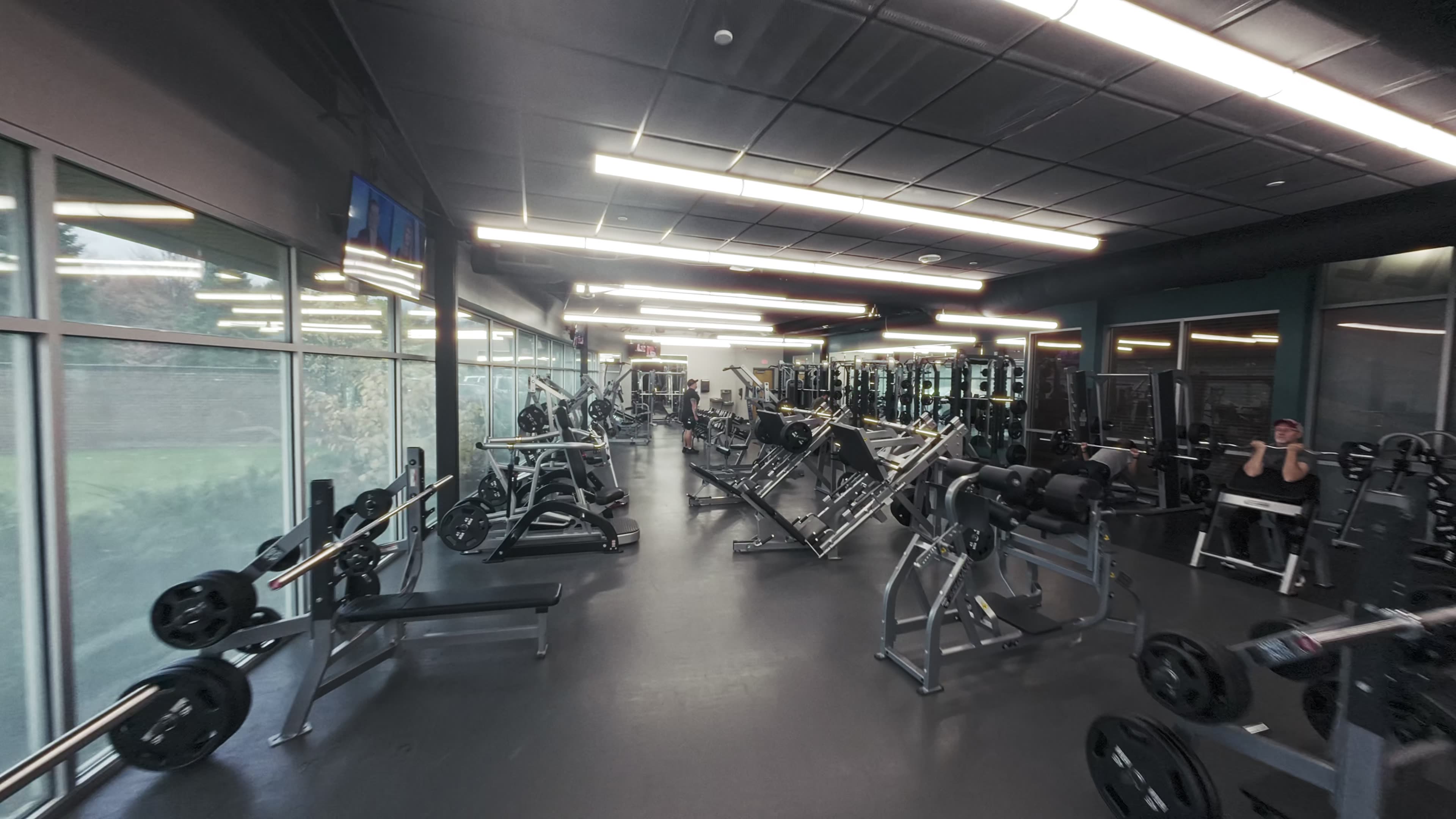 A serene outdoor seating area with two chairs, surrounded by lush greenery and a glassed-in structure.