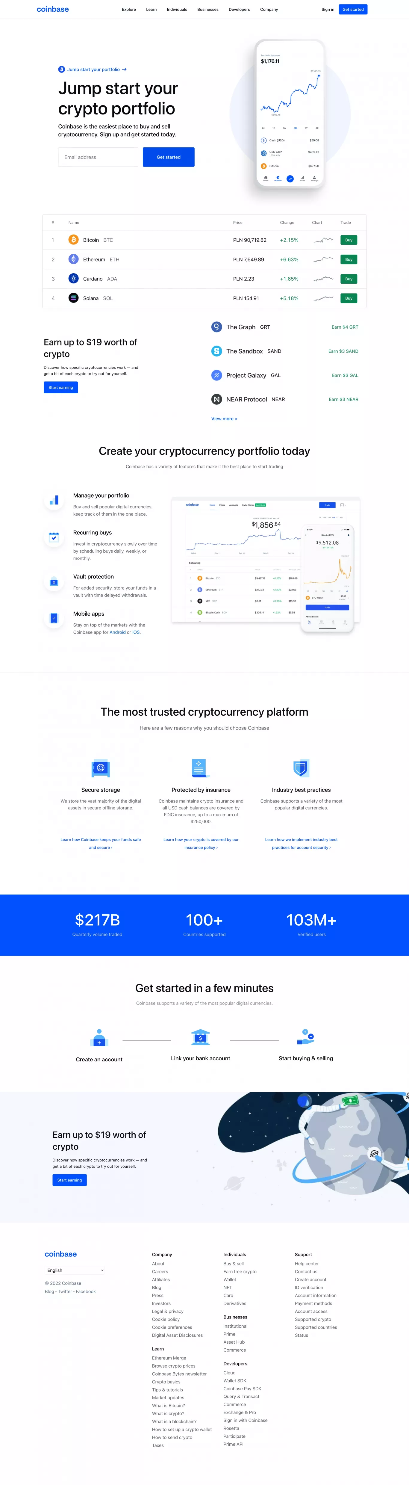 Coinbase landing page screenshot showcasing Tech and Finance design