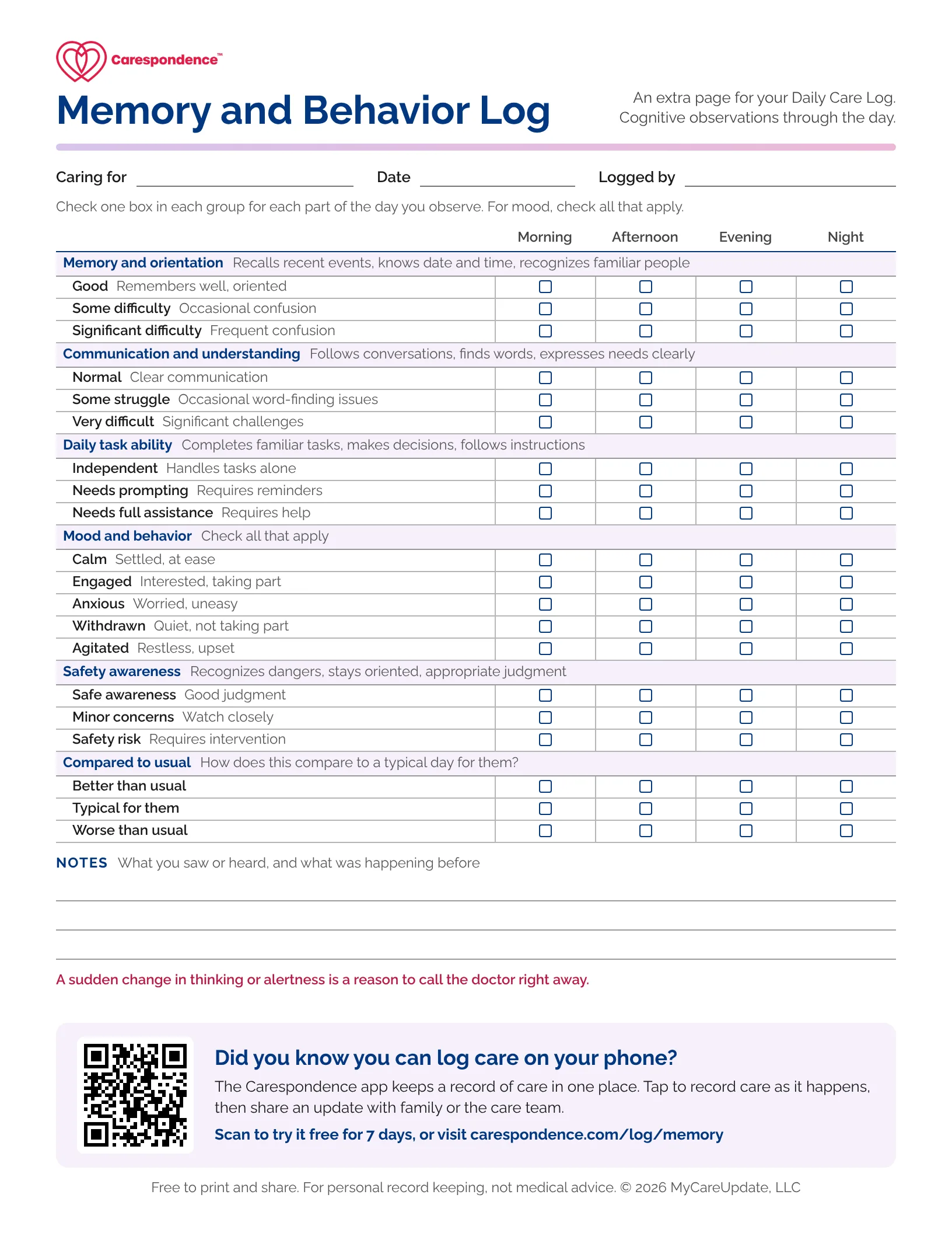 Preview of the Carespondence printable cognitive observations page, a checklist for memory, communication, daily tasks, mood, and safety across morning, afternoon, evening, and night.