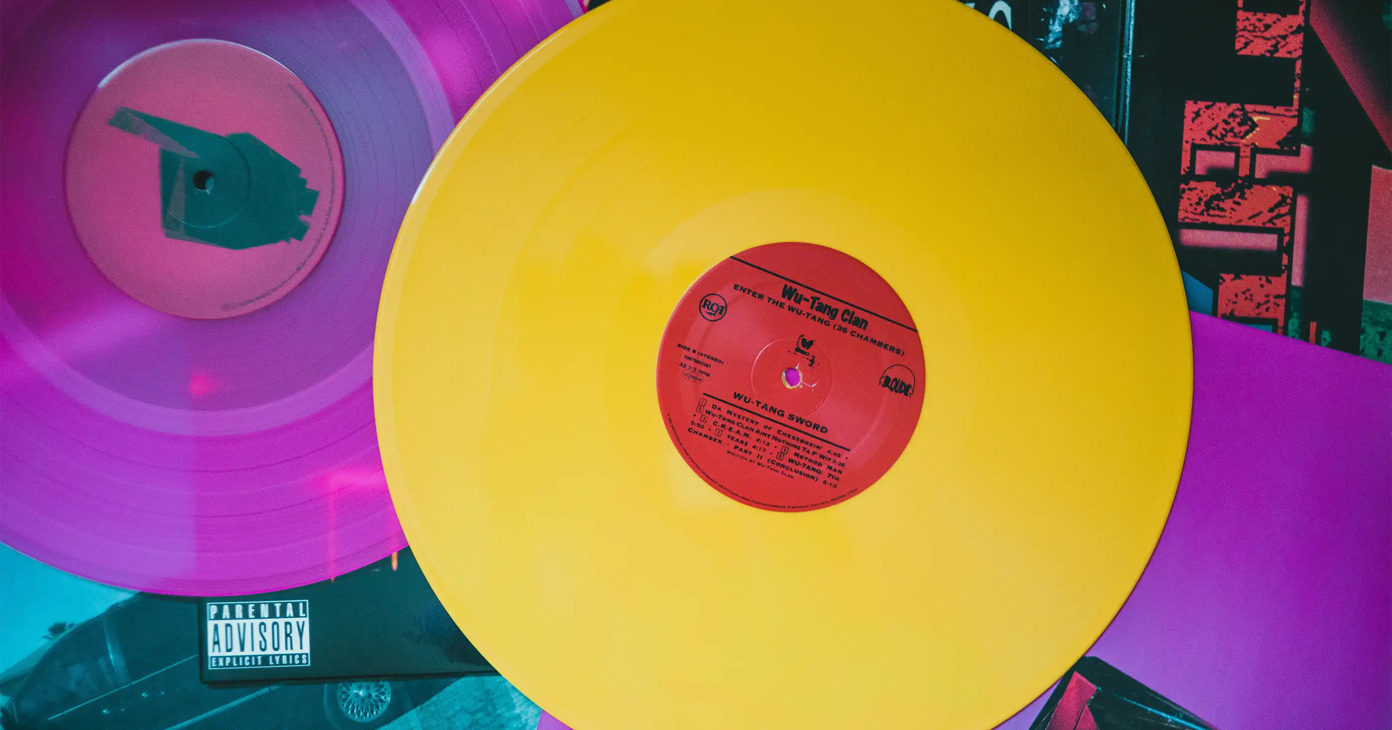 colorful records featuring wu-tang on the label
