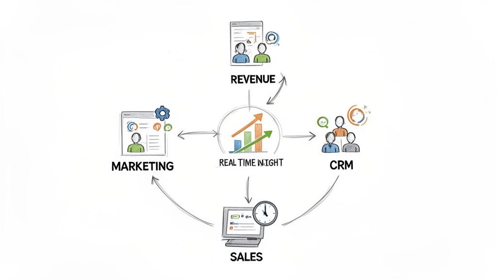 A diagram showing a business workflow connecting Marketing, Revenue, CRM, and Sales through real-time insight.