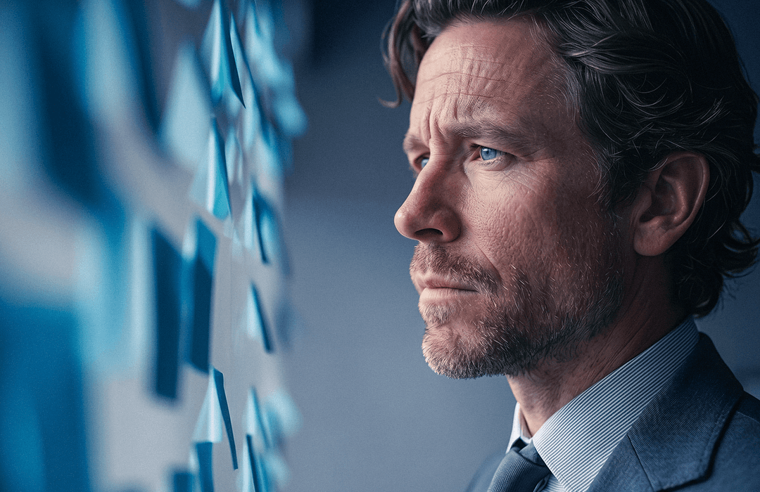 Homem de perfil, com expressão séria e concentrada, observando vários papéis adesivos azuis fixados em uma parede de vidro.