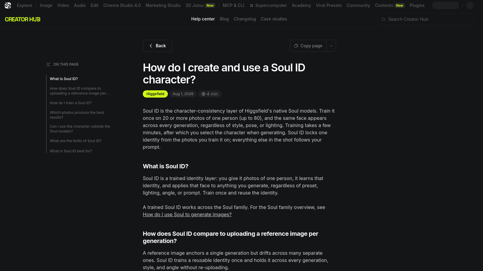 Higgsfield Creator Hub help page explaining how to create and use a Soul ID character.