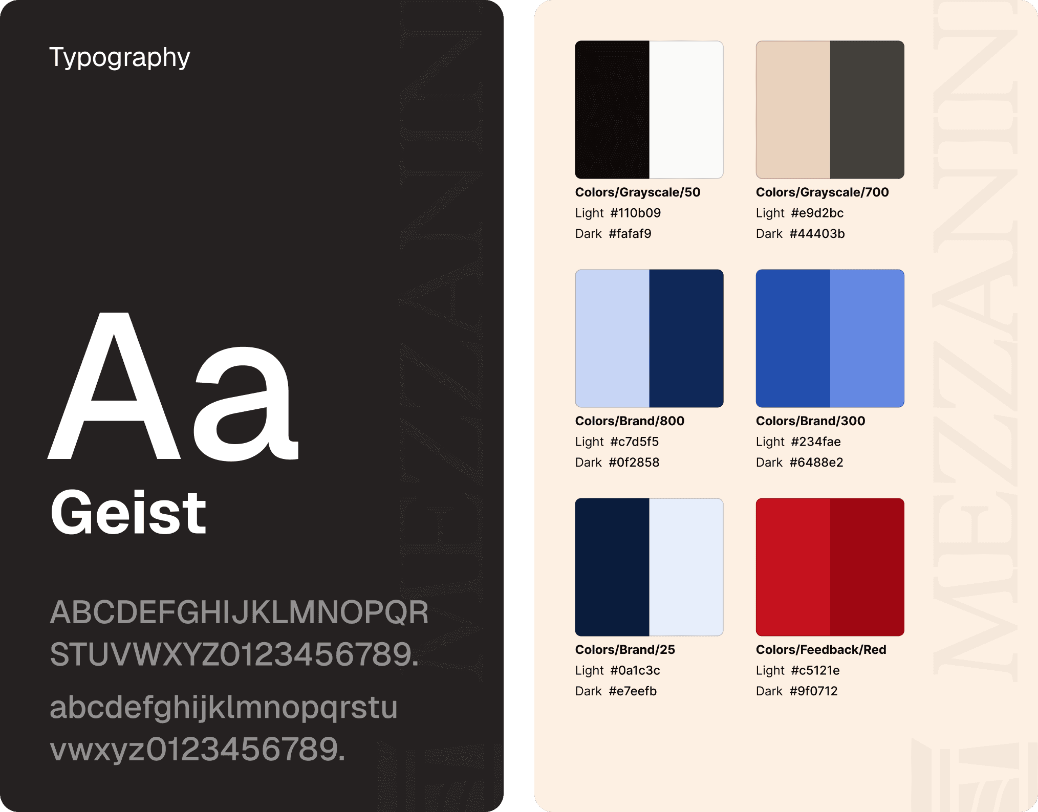 Mezzanine Finance brand guidelines layout showing typography specs for the Geist font on the left dark card, and a color palette grid with swatches of black, beige, blue, and deep red on the right light card.