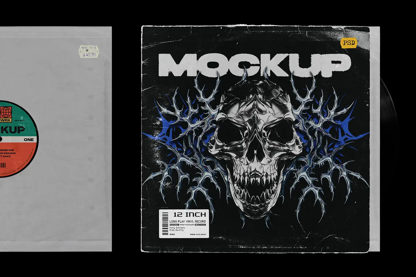 Vinyl record mockup inner sleeve with editable cover and visible vinyl record