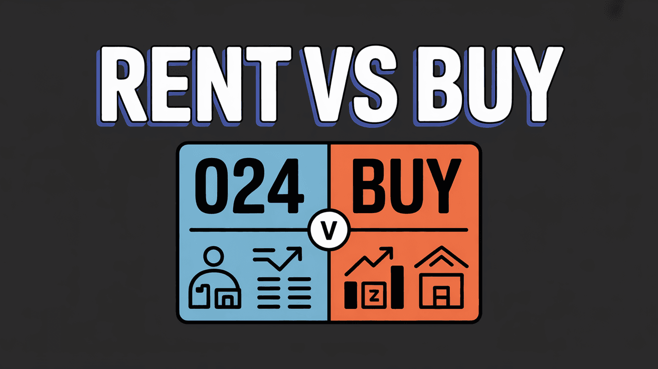 Minimal rent versus buy finance comparison graphic with bold numbers