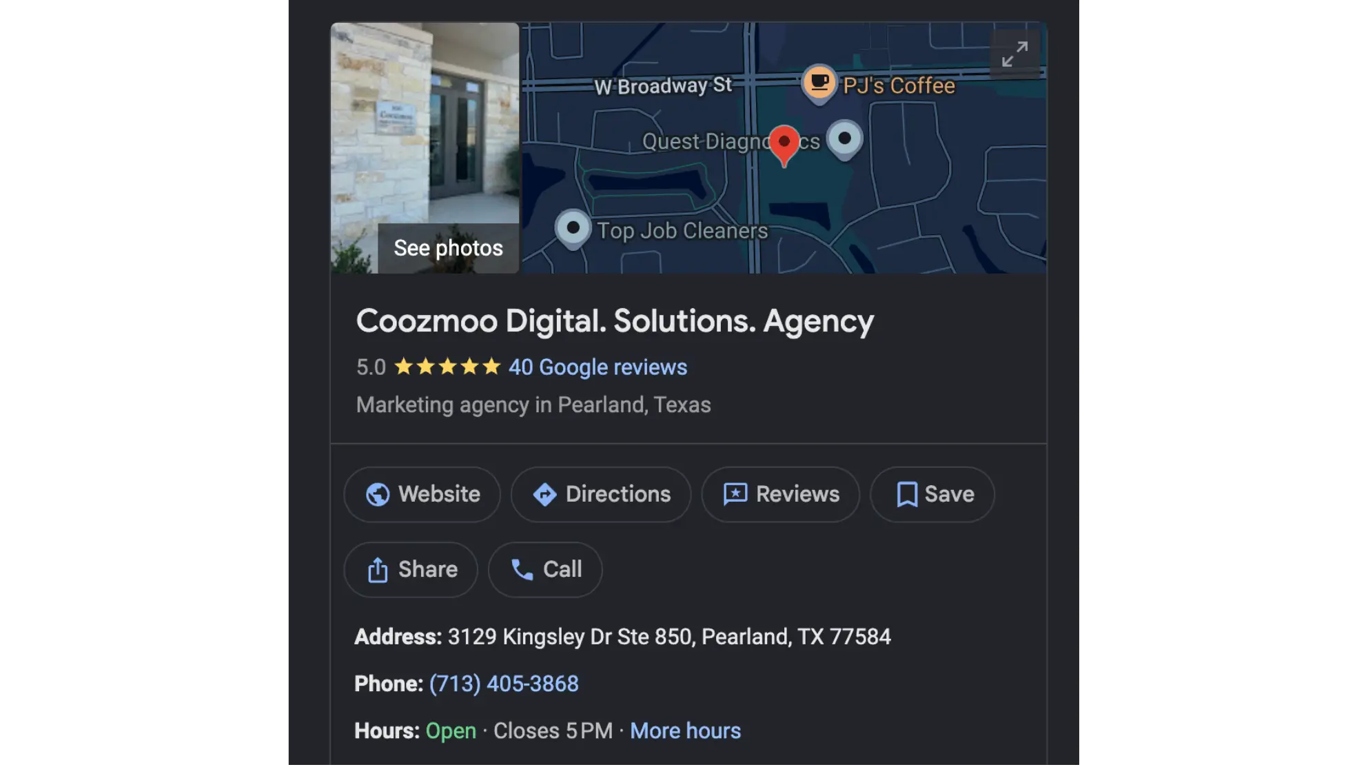 Coozmoo's Google Business Profile showing 5-star reviews, complete business details, and a click-to-call button optimized for AI search and mobile calls