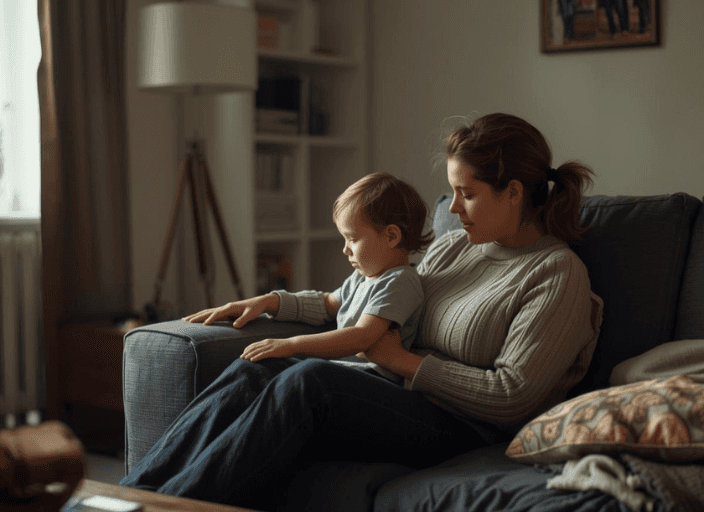 Realistische Szene eines Elternteils mit Kind in einer Wohnung, entspannte Alltagssituation, natürliche Interaktion, warmes Tageslicht, hohe Detailtiefe, authentischer Editorial-Stil, kein Text