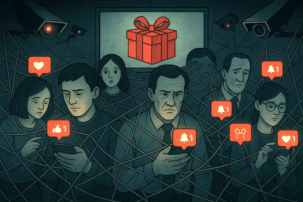 Conceptual image representing the impact of immediate reward on society and labor, with a symbolic gift representing the reward, and an Orwellian touch of control and surveillance