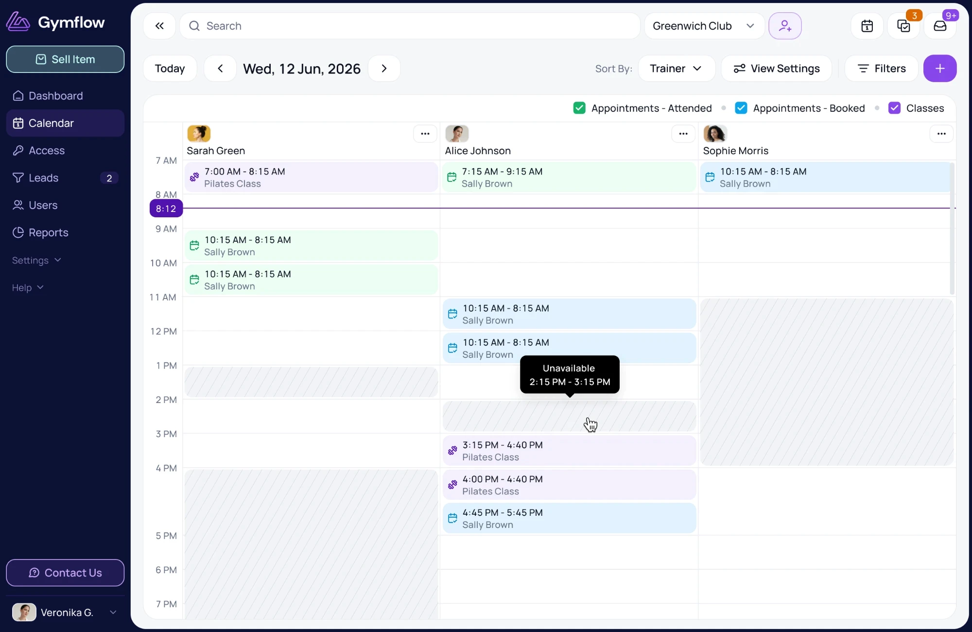 Gymflow calendar sorted by trainer, showing appointments and unavailable time for each trainer