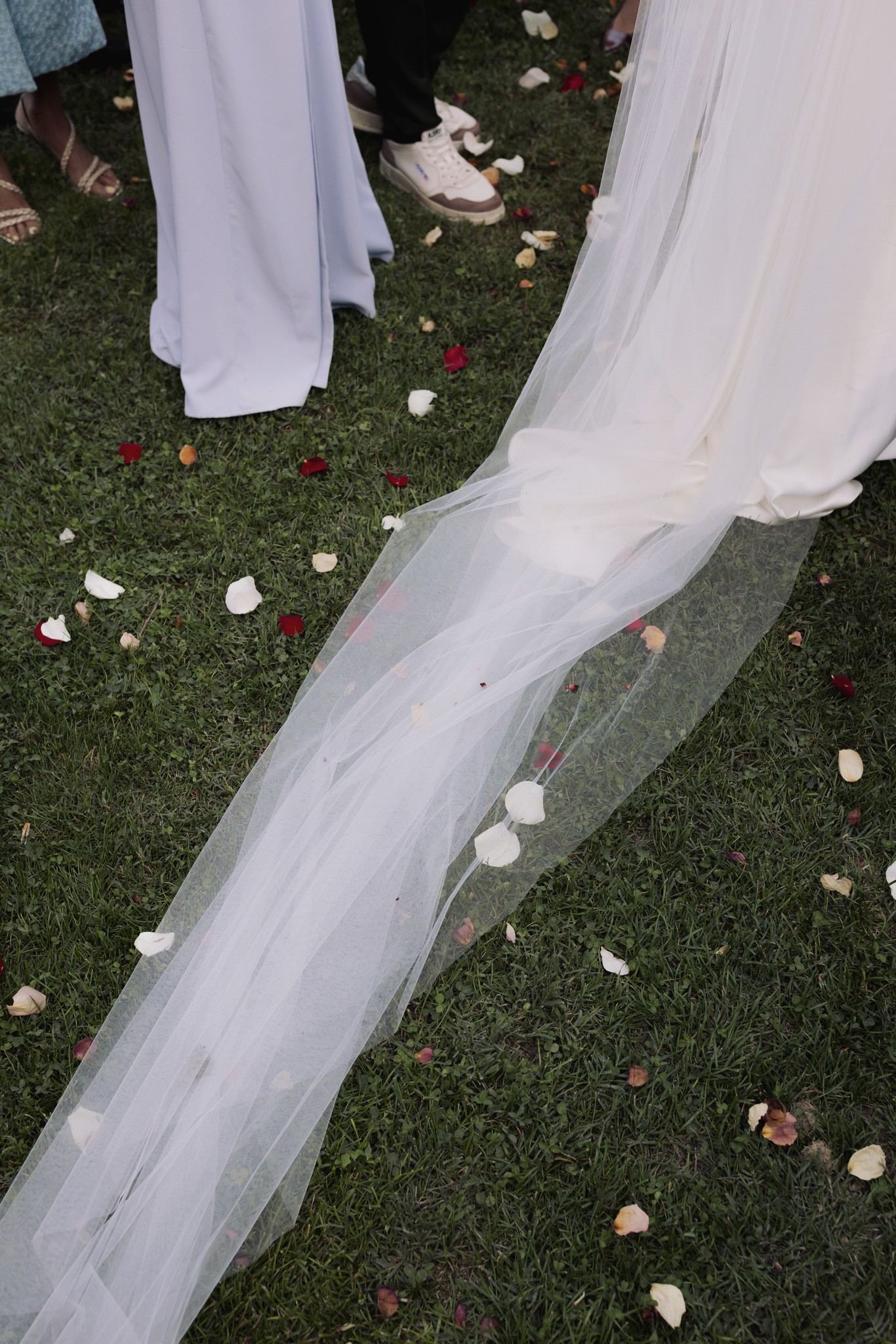 Velo della sposa e petali bianchi e rossi sul prato verde durante cerimonia al Castello di Scipione