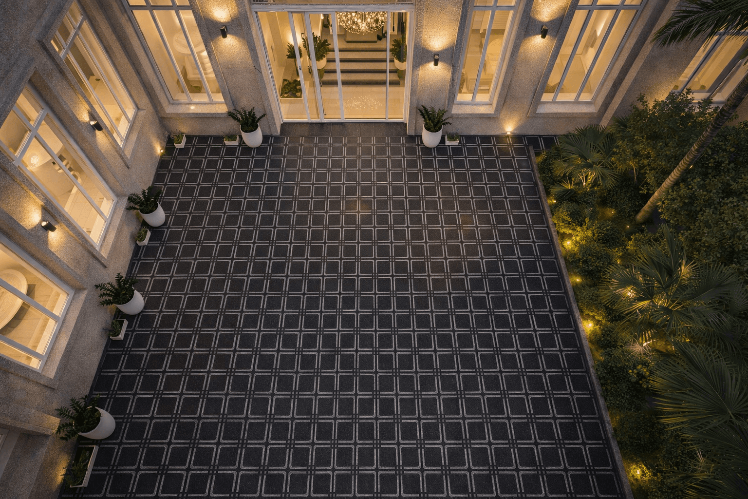 Regal stone flooring used in contemporary outdoor driveway with repeating geometric block pattern