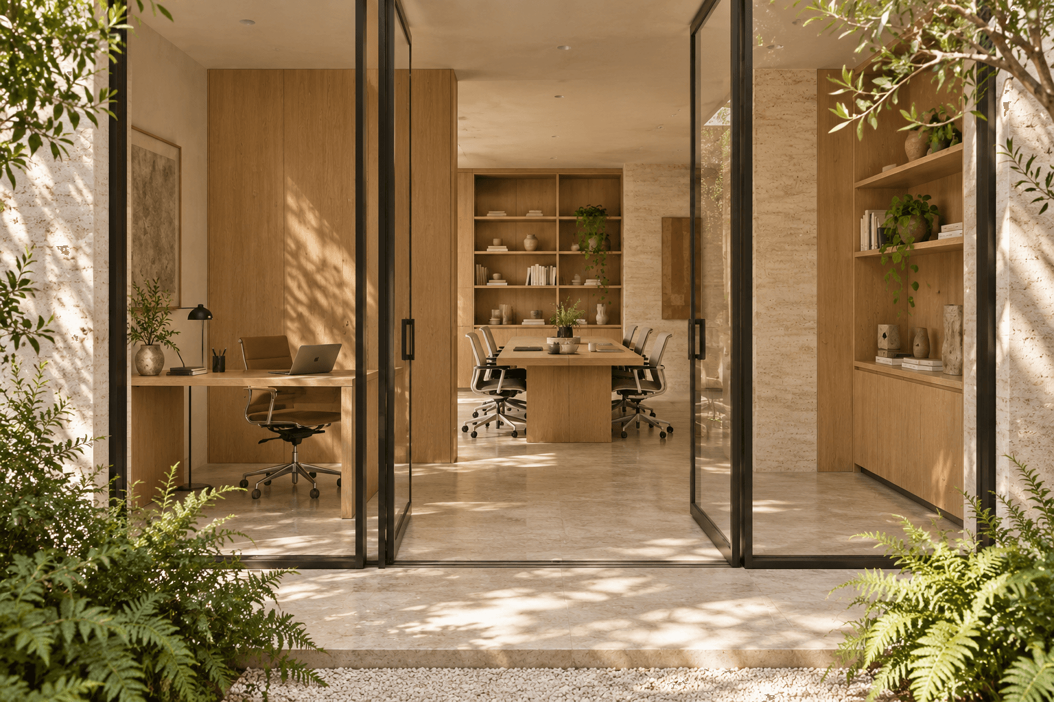 Quiet work rooms open toward a planted courtyard